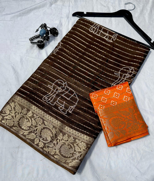 Kayatri New Elegant Semi Dola Orange Saree with Floral Butti & Weaving Border