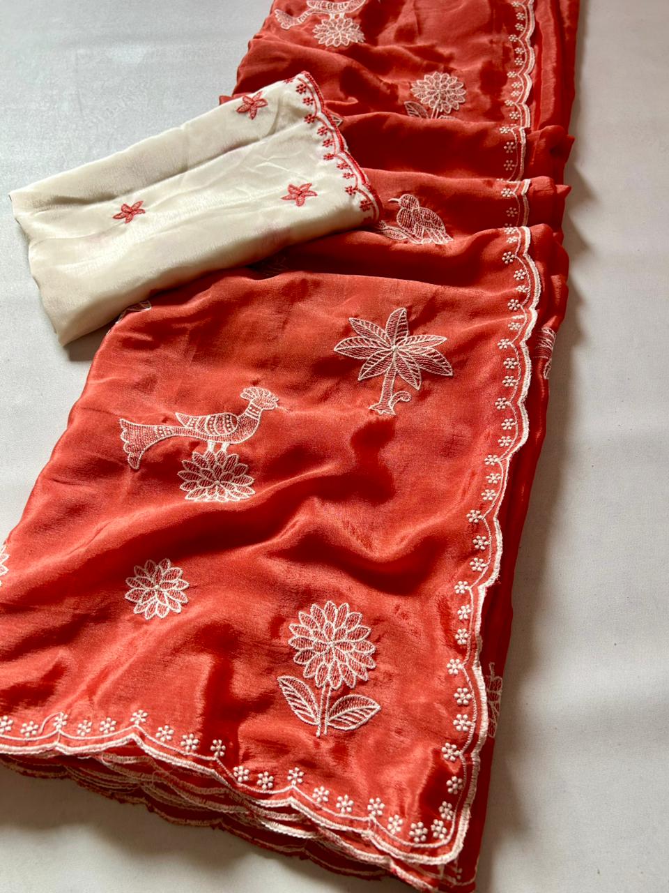 Kayatri New Elegant Chinnon Silk Saree with Embroidery & Scalloped Cutwork Border