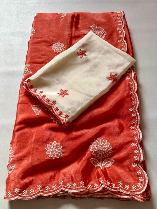 Kayatri New Elegant Chinnon Silk Saree with Embroidery & Scalloped Cutwork Border