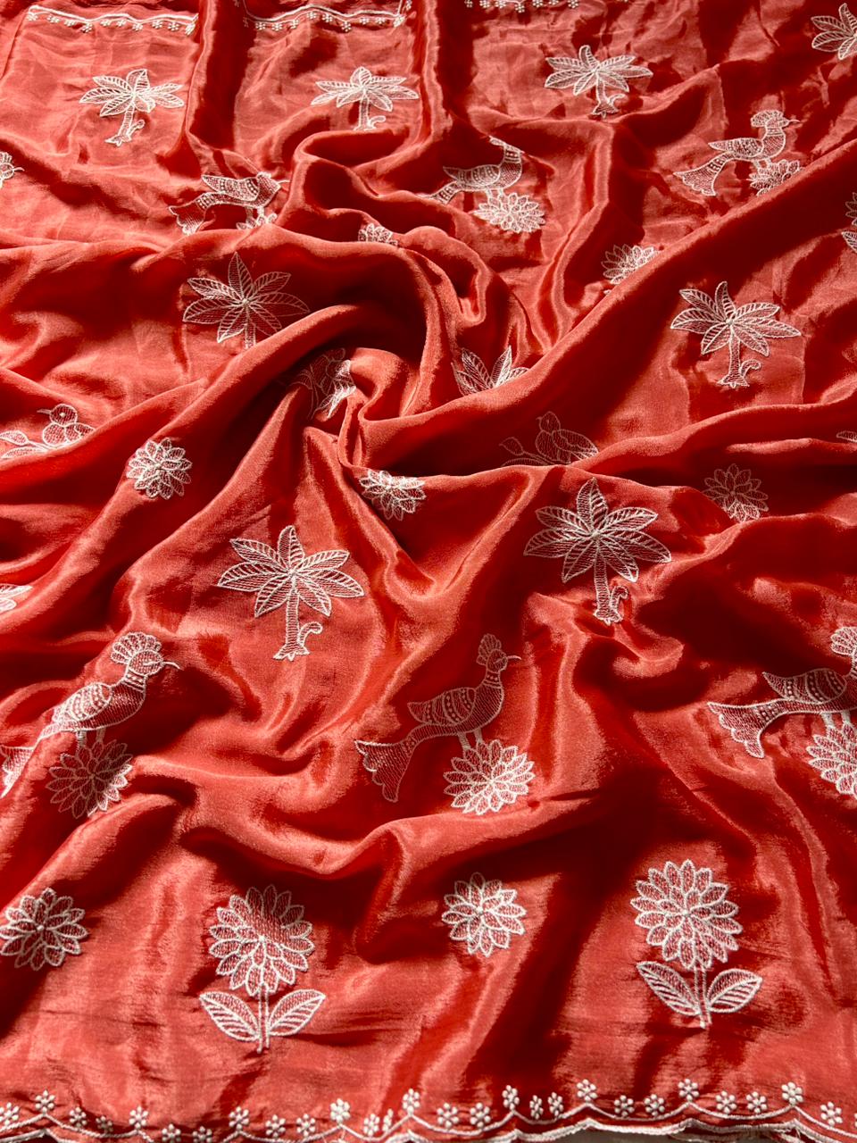 Kayatri New Elegant Chinnon Silk Saree with Embroidery & Scalloped Cutwork Border
