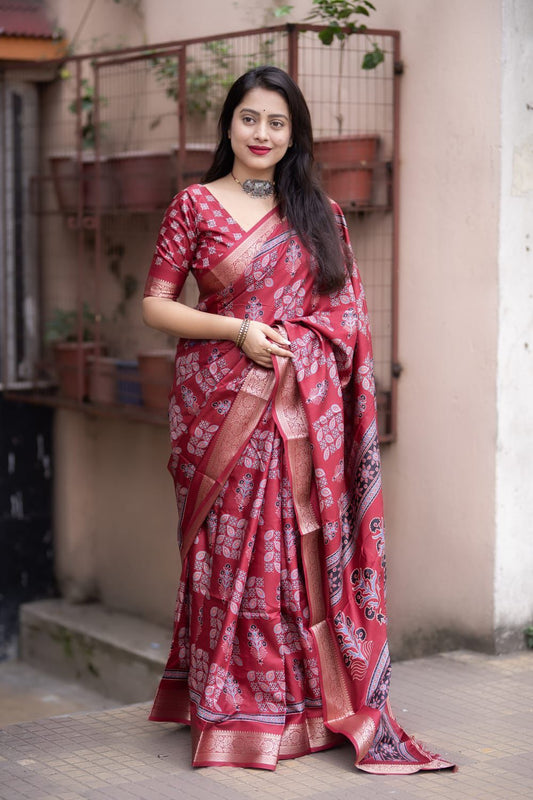 Kayatri New Soft Cotton Silk Ajrakh Saree with Subtle Shine & Zari Border