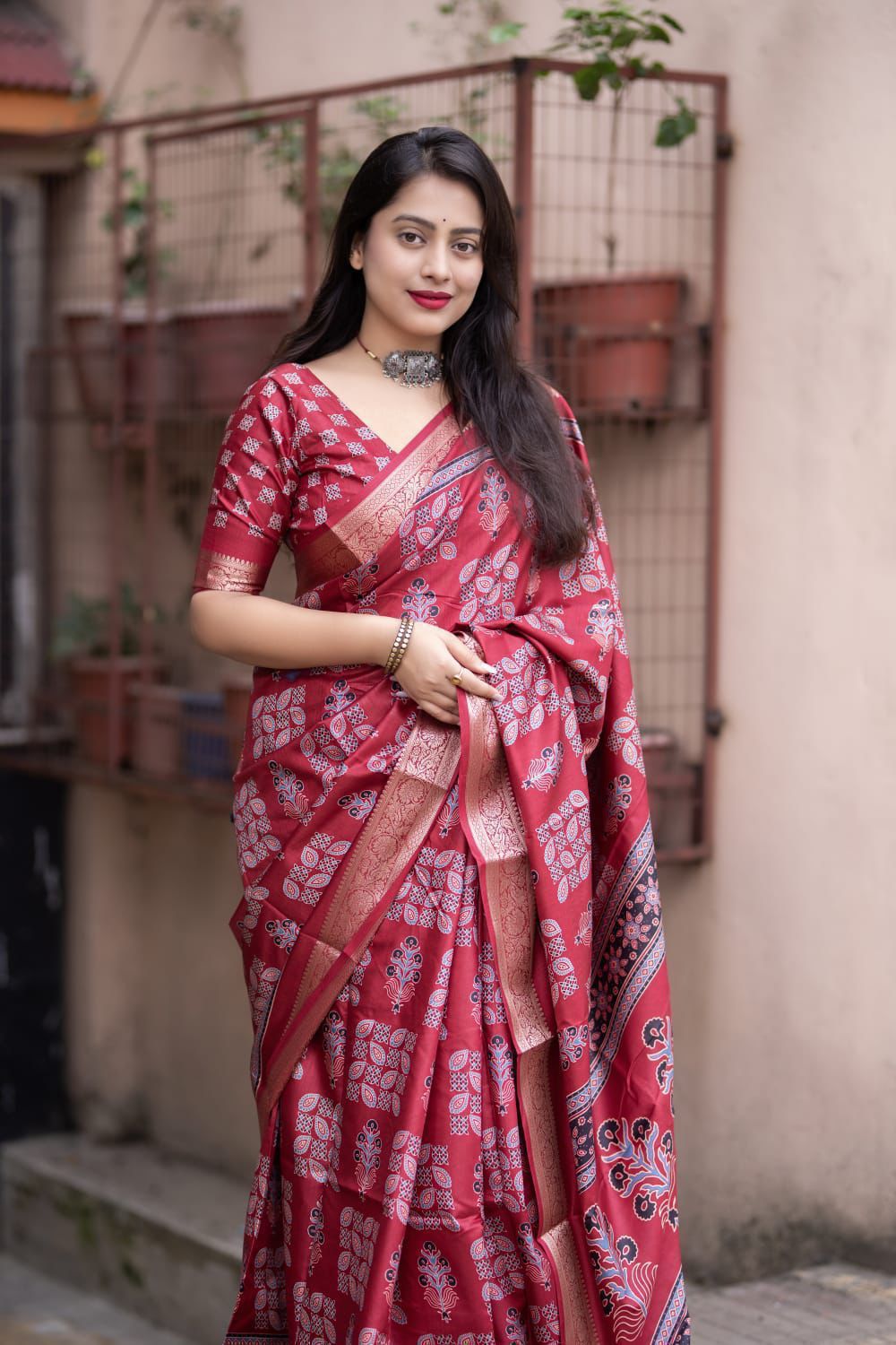 Kayatri New Soft Cotton Silk Ajrakh Saree with Subtle Shine & Zari Border