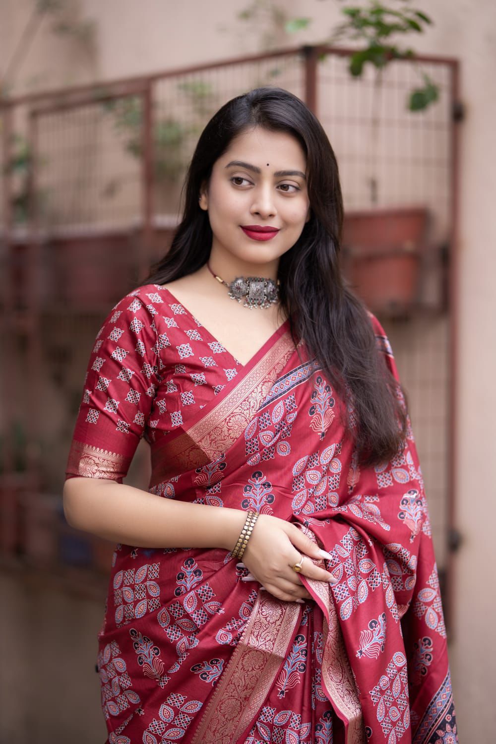 Kayatri New Soft Cotton Silk Ajrakh Saree with Subtle Shine & Zari Border