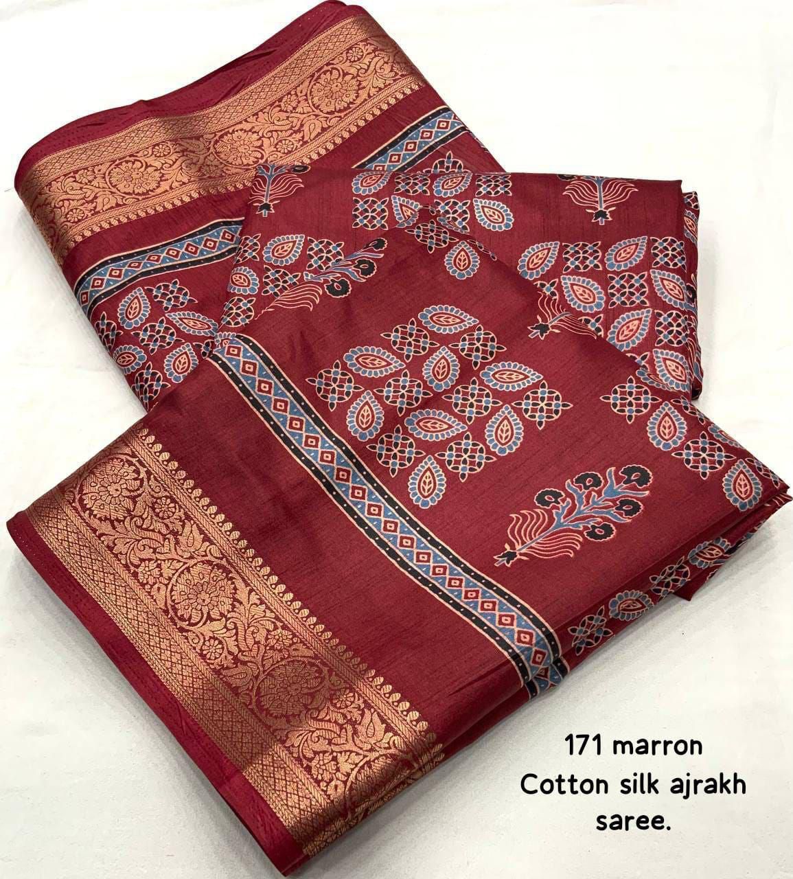 Kayatri New Soft Cotton Silk Ajrakh Saree with Subtle Shine & Zari Border