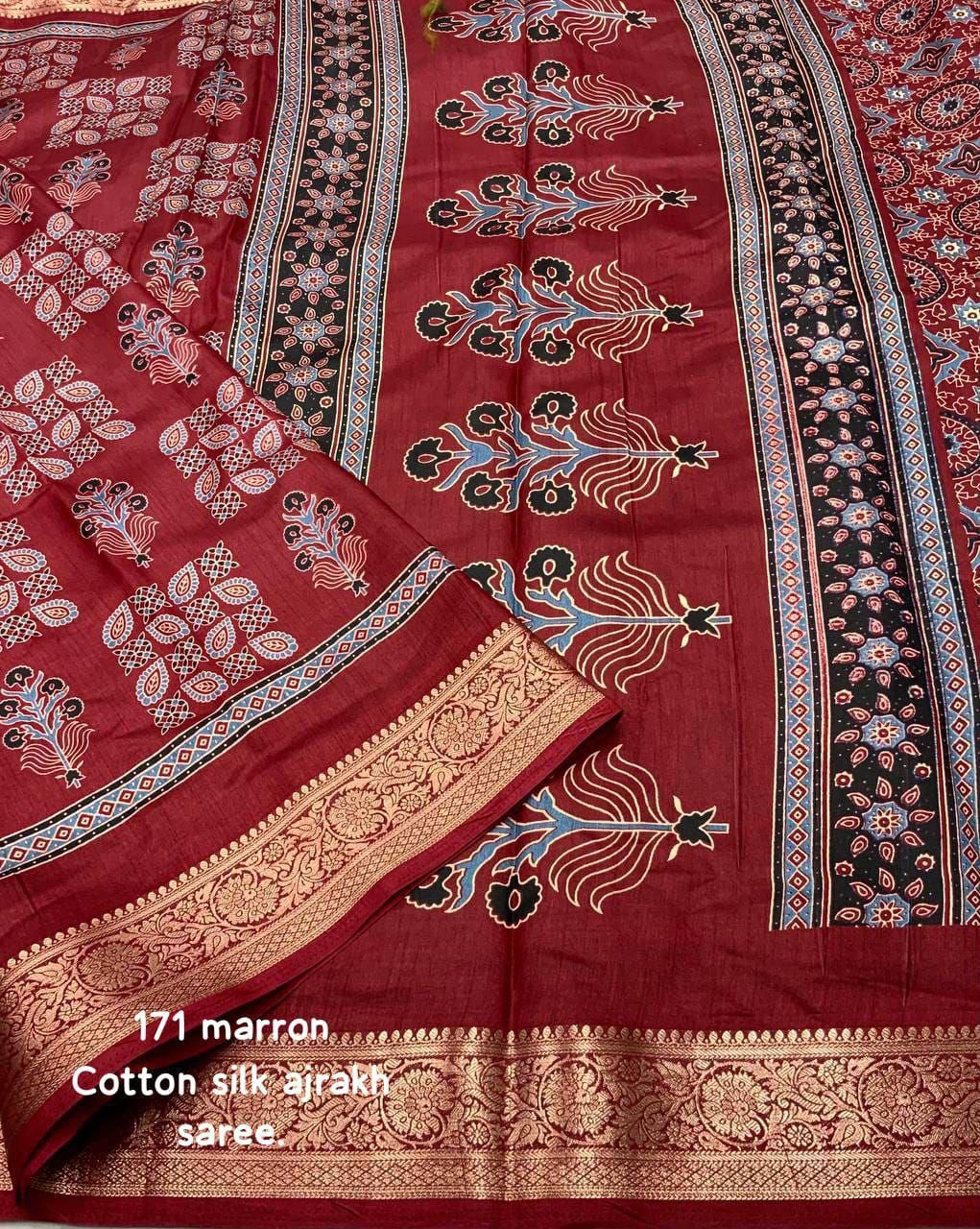 Kayatri New Soft Cotton Silk Ajrakh Saree with Subtle Shine & Zari Border