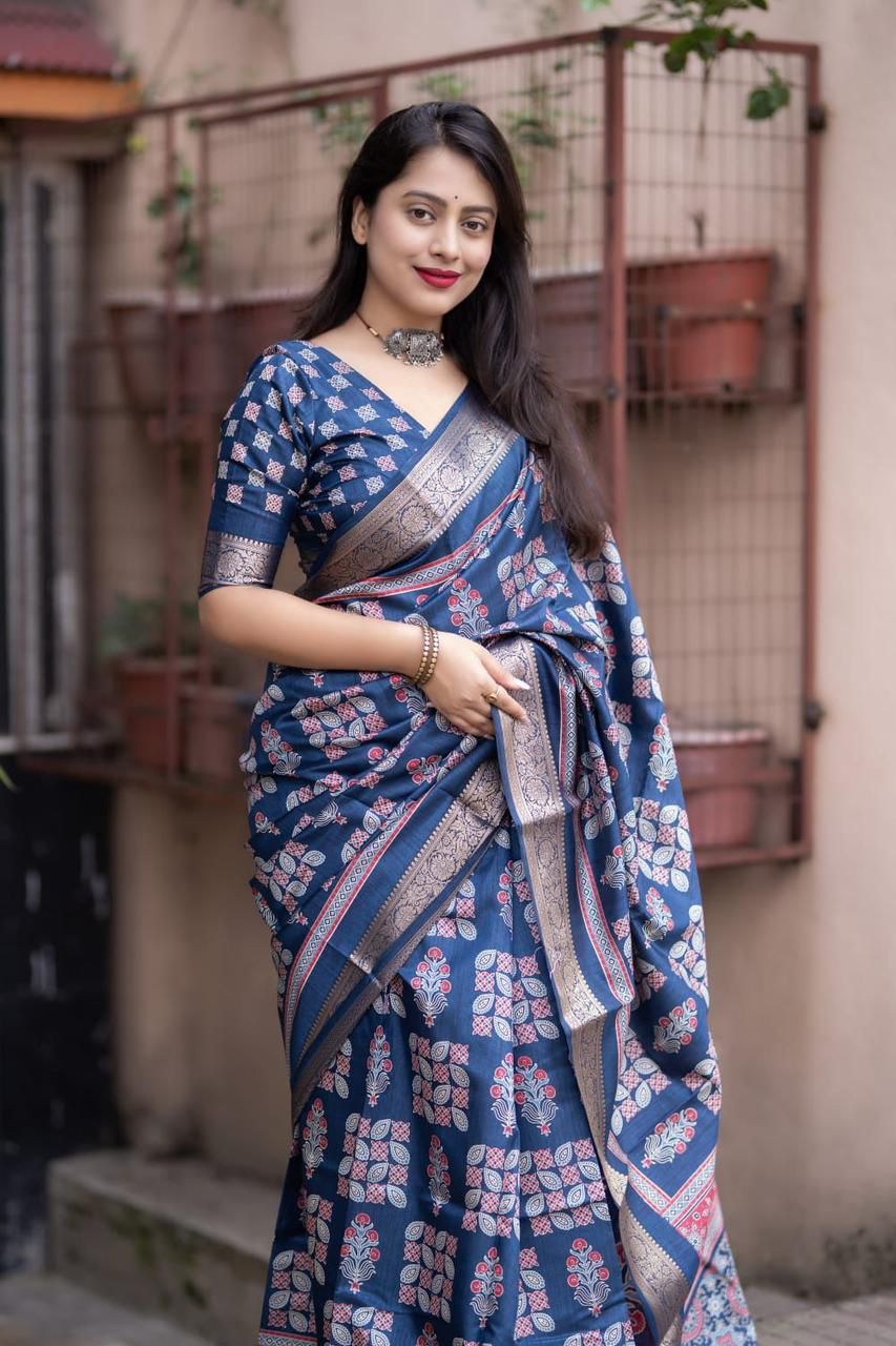 Kayatri New Soft Cotton Silk Ajrakh Saree with Subtle Shine & Zari Border