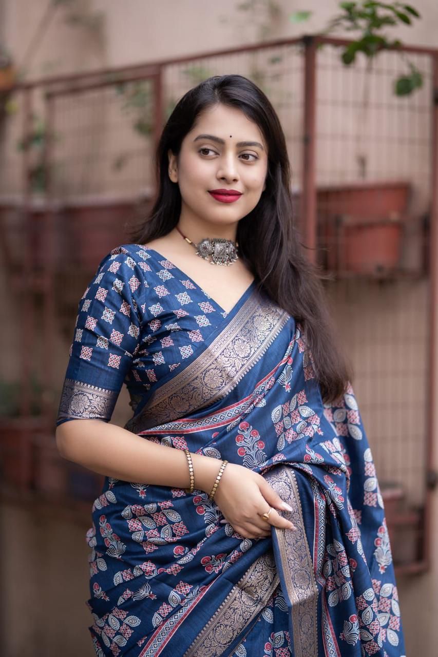 Kayatri New Soft Cotton Silk Ajrakh Saree with Subtle Shine & Zari Border