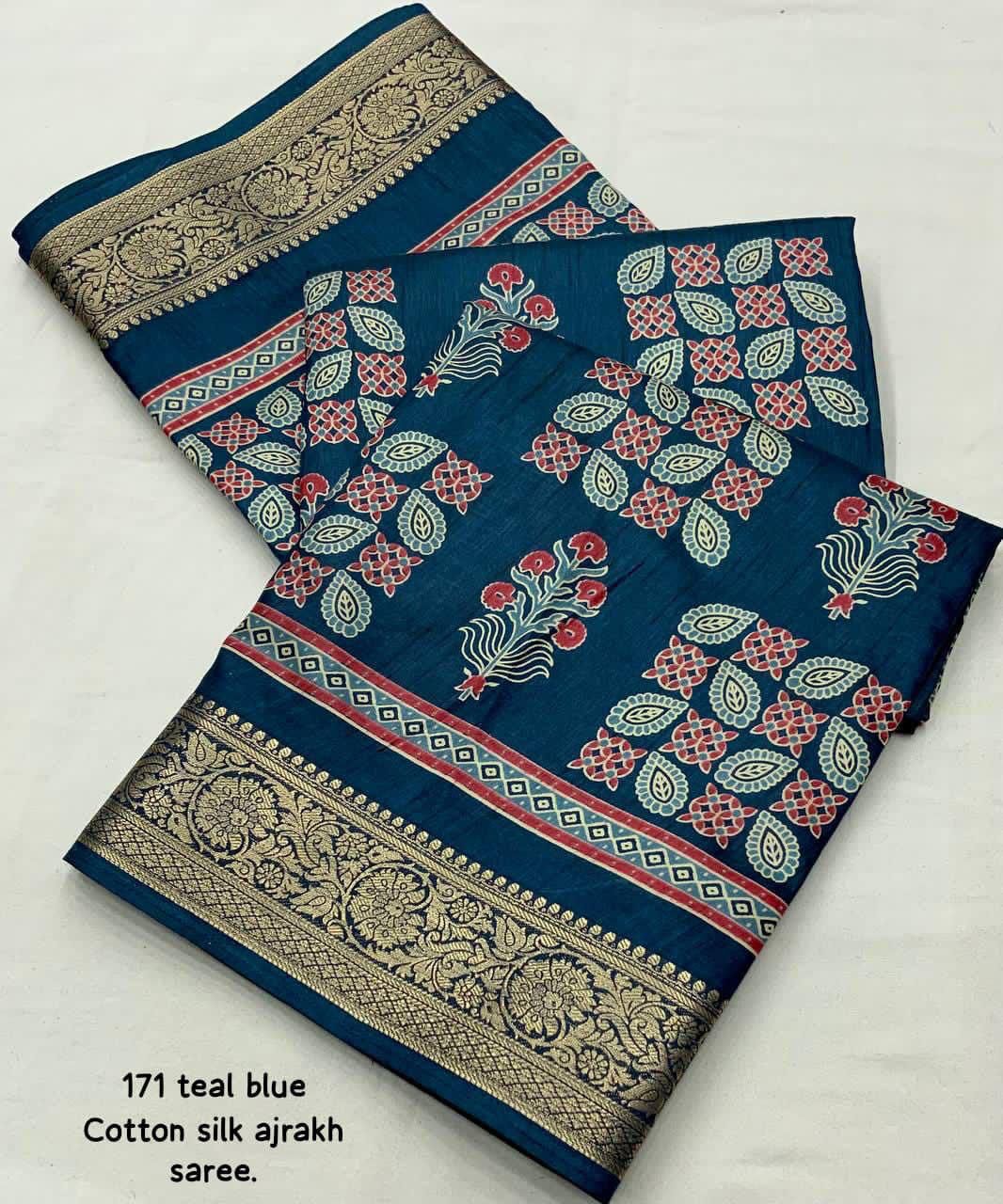 Kayatri New Soft Cotton Silk Ajrakh Saree with Subtle Shine & Zari Border