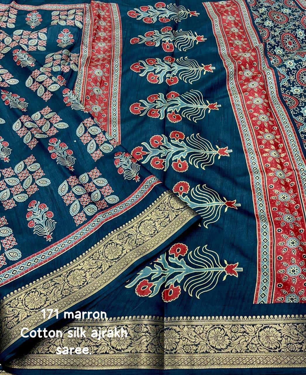 Kayatri New Soft Cotton Silk Ajrakh Saree with Subtle Shine & Zari Border