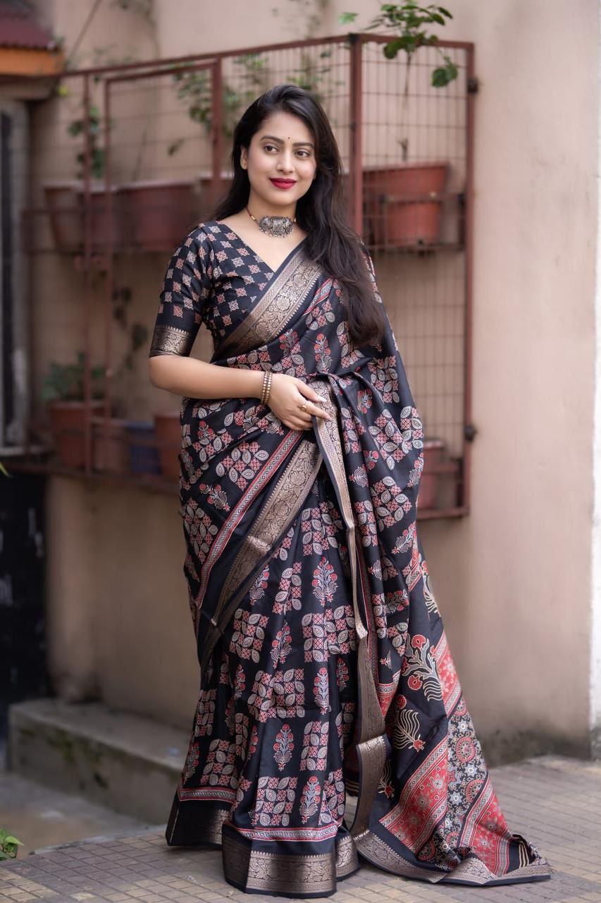 Kayatri New Soft Cotton Silk Ajrakh Saree with Subtle Shine & Zari Border