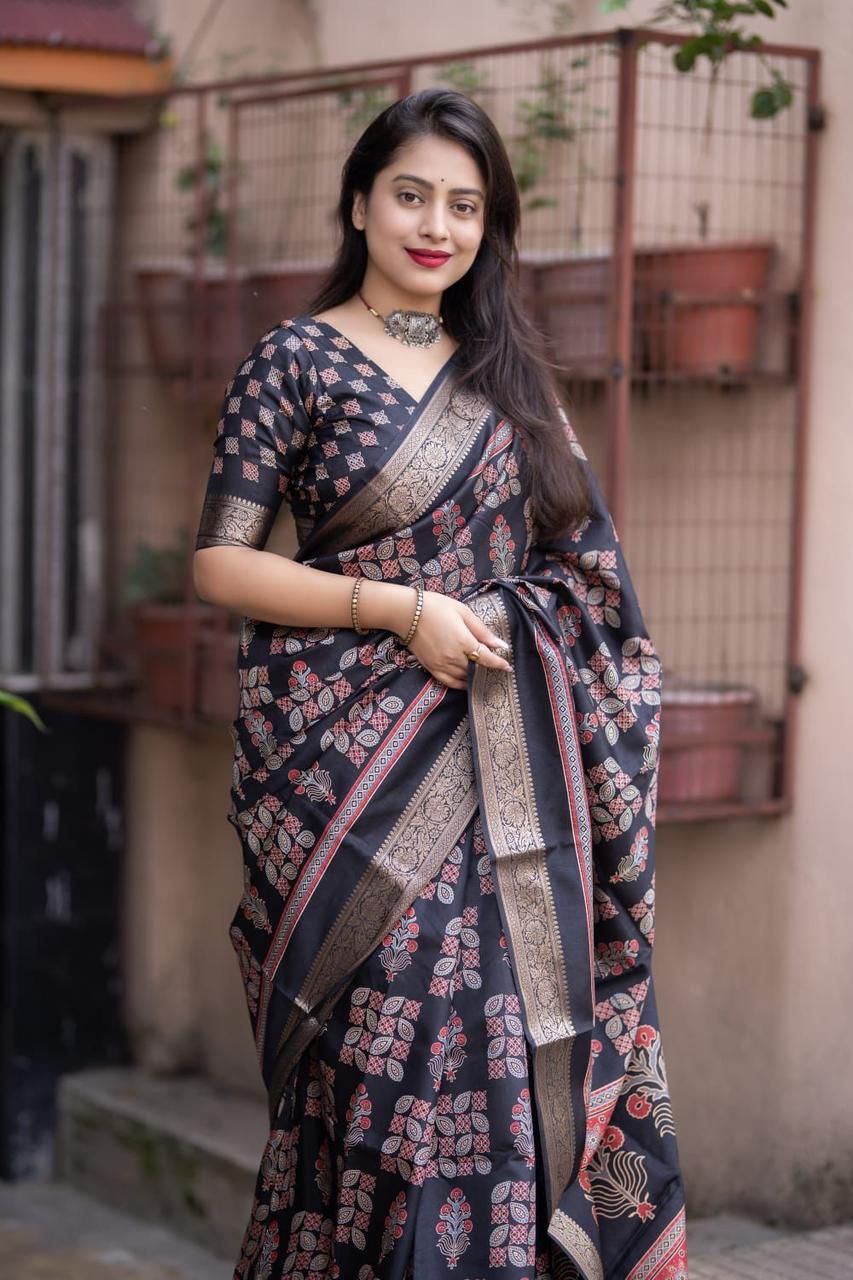 Kayatri New Soft Cotton Silk Ajrakh Saree with Subtle Shine & Zari Border