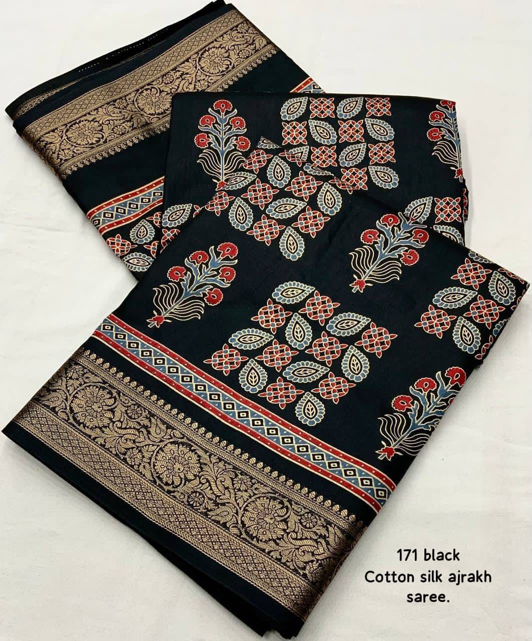 Kayatri New Soft Cotton Silk Ajrakh Saree with Subtle Shine & Zari Border