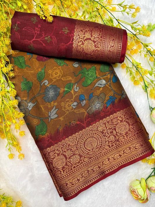 Kayatri New Elegant Black Dola Silk Saree with Pen Kalamkari & Zari Weaving Border