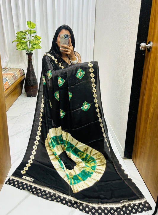 Kayatri New Luxury Crape Satin Saree  Ajrakh Print with Classy Rich Pallu