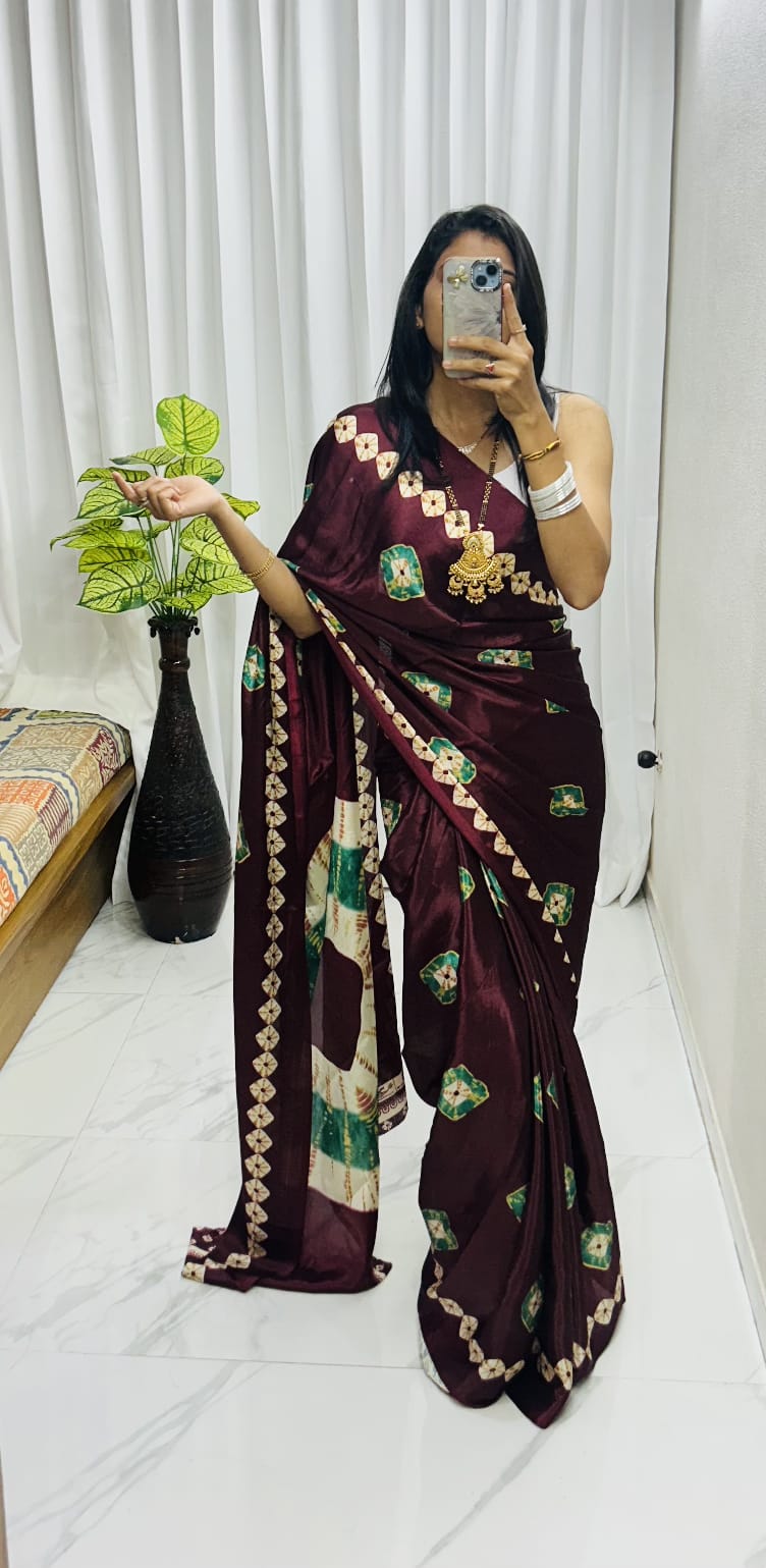 Kayatri New Luxury Crape Satin Saree  Ajrakh Print with Classy Rich Pallu