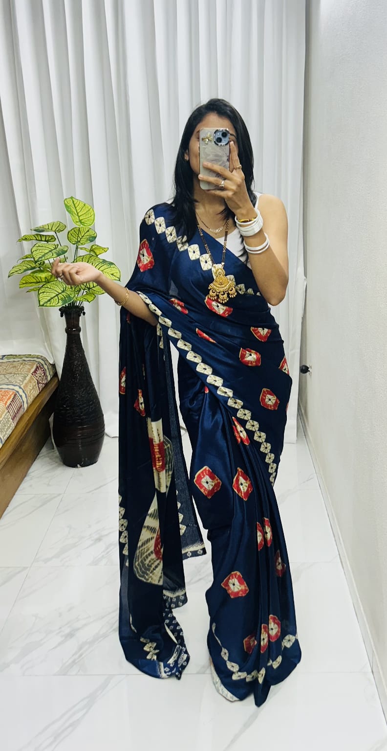Kayatri New Luxury Crape Satin Saree  Ajrakh Print with Classy Rich Pallu