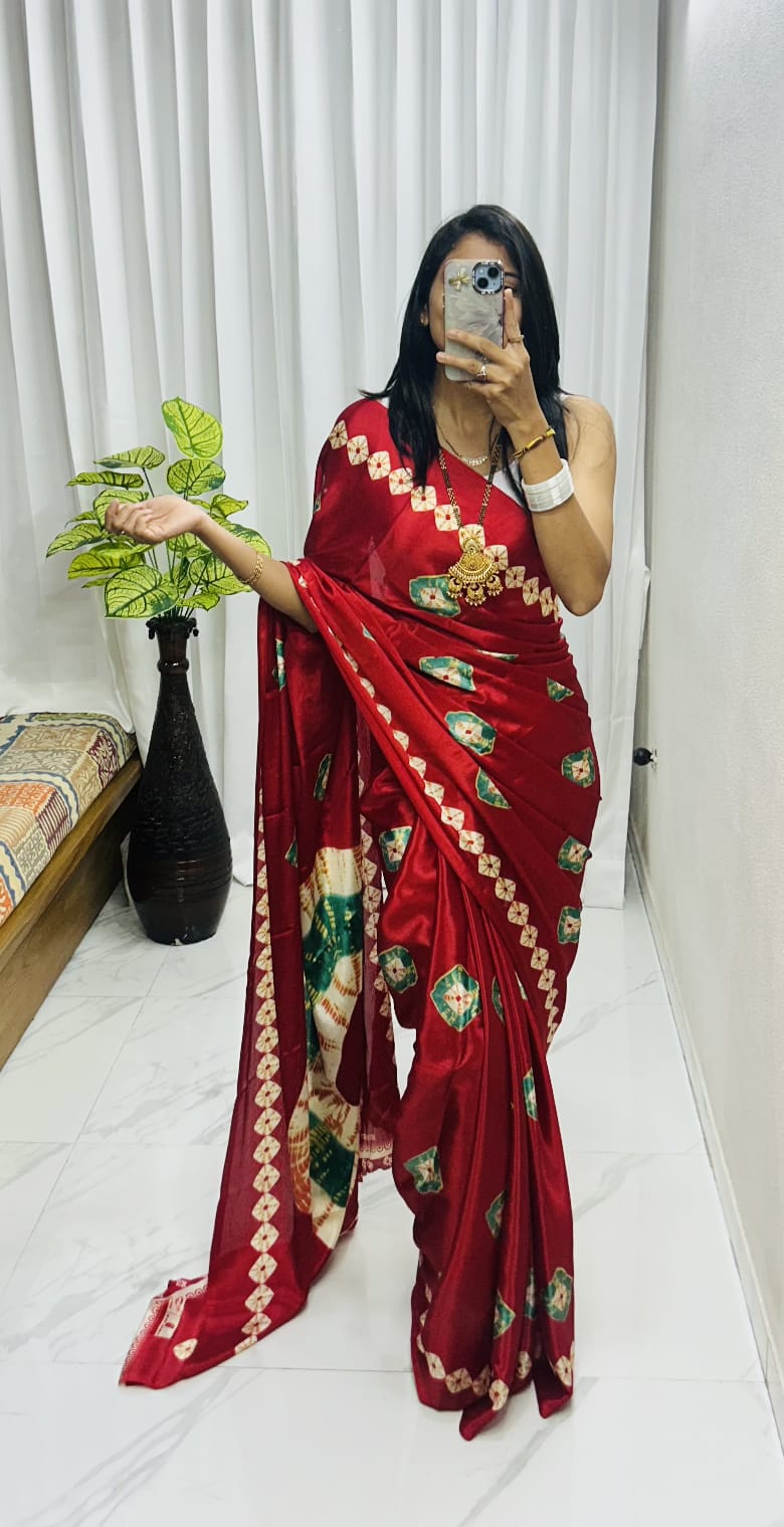 Kayatri New Luxury Crape Satin Saree  Ajrakh Print with Classy Rich Pallu