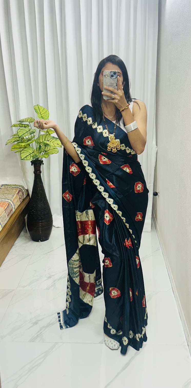 Kayatri New Luxury Crape Satin Saree  Ajrakh Print with Classy Rich Pallu