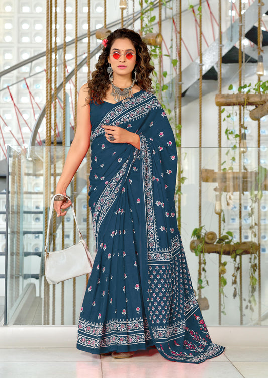 Kayatri New Beautiful Mulmul Cotton Sarees with Classic Block Prints & Matching Blouse