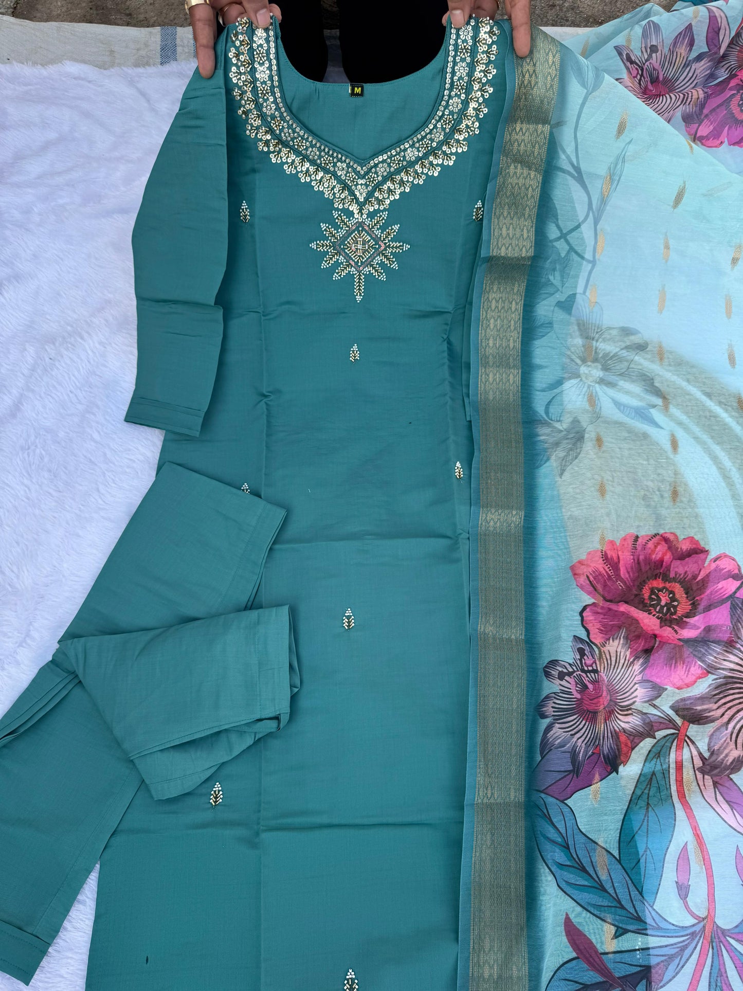 Kayatri New Designer Roman Silk Kurti Set with Hand Work & Chanderi Digital Print Dupatta