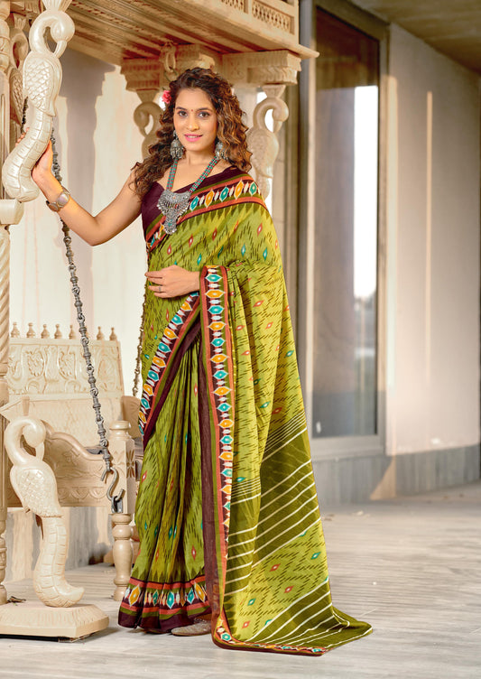 Kayatri New Soft Mulmul Cotton Ikkat Print Saree with Running Blouse Piece