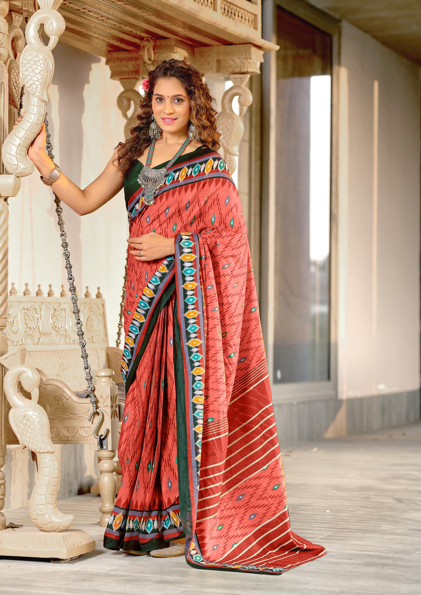 Kayatri New Soft Mulmul Cotton Ikkat Print Saree with Running Blouse Piece