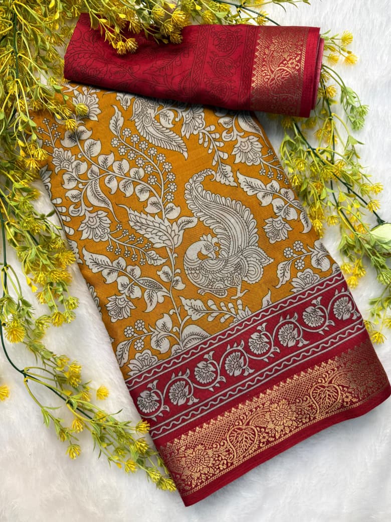 Kayatri New Soft Mulmul Cotton Saree with Pen Kalamkari Design & Zari Hamsa Border