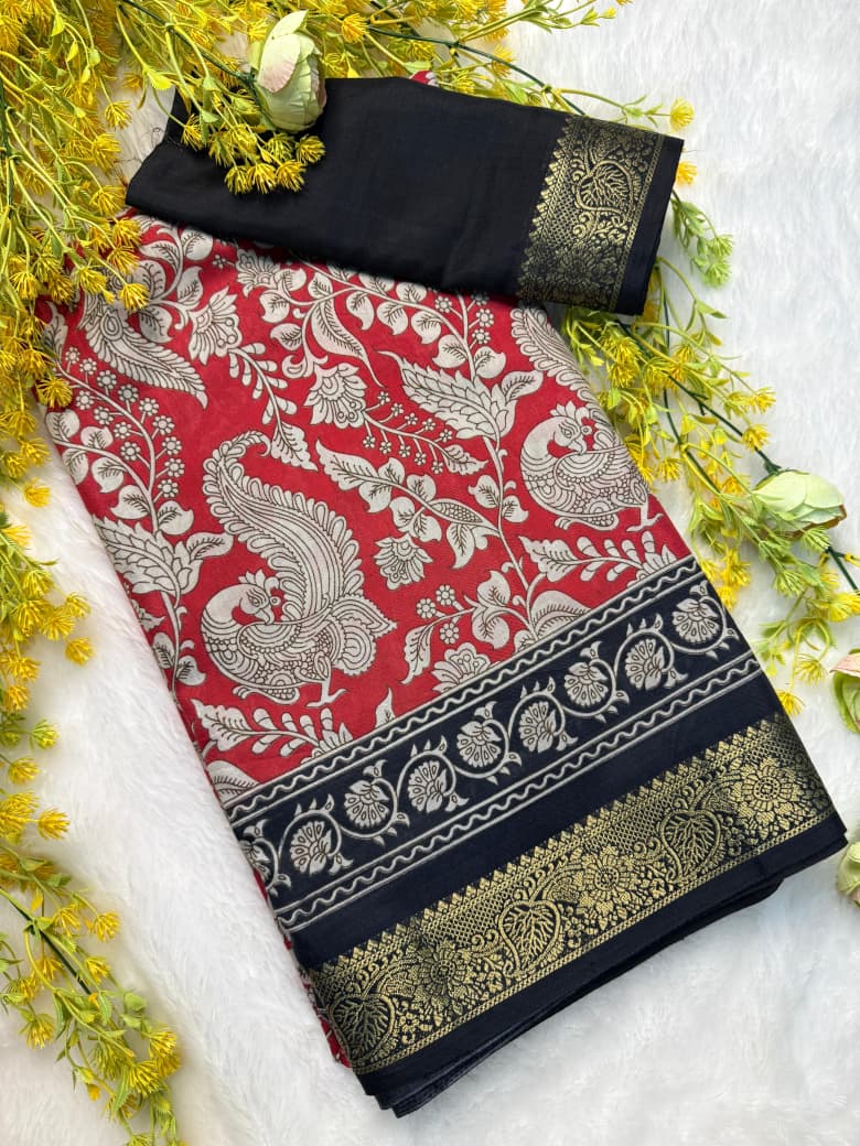 Kayatri New Soft Mulmul Cotton Saree with Pen Kalamkari Design & Zari Hamsa Border