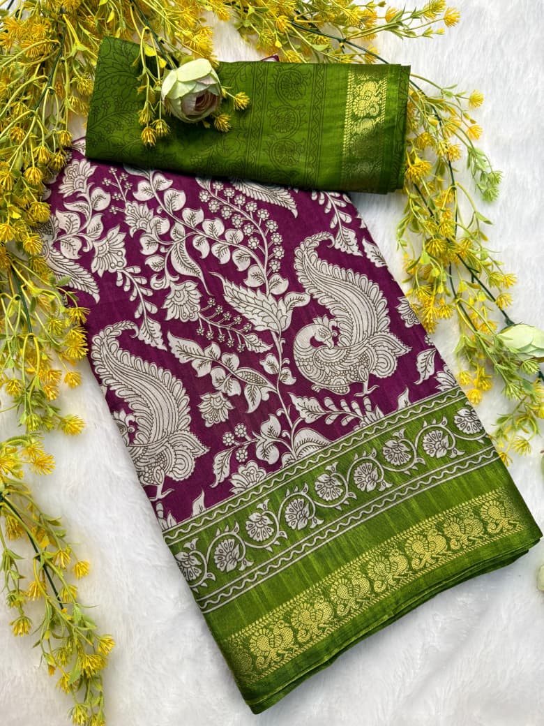 Kayatri New Soft Mulmul Cotton Saree with Pen Kalamkari Design & Zari Hamsa Border