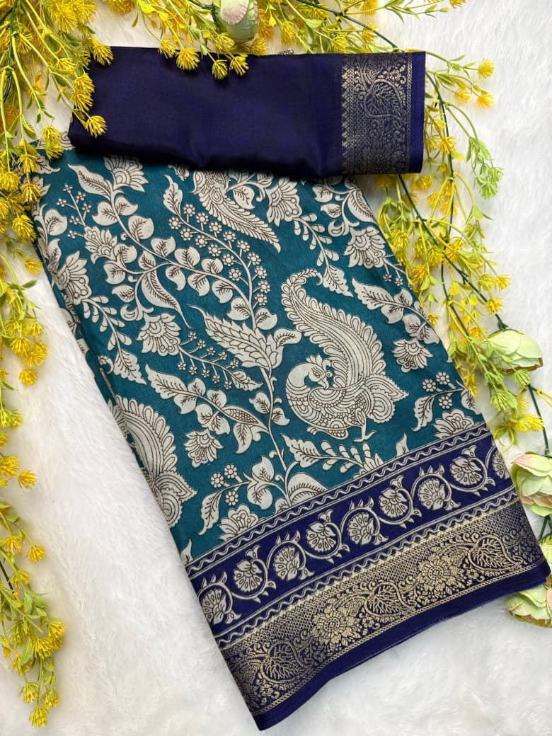 Kayatri New Soft Mulmul Cotton Saree with Pen Kalamkari Design & Zari Hamsa Border