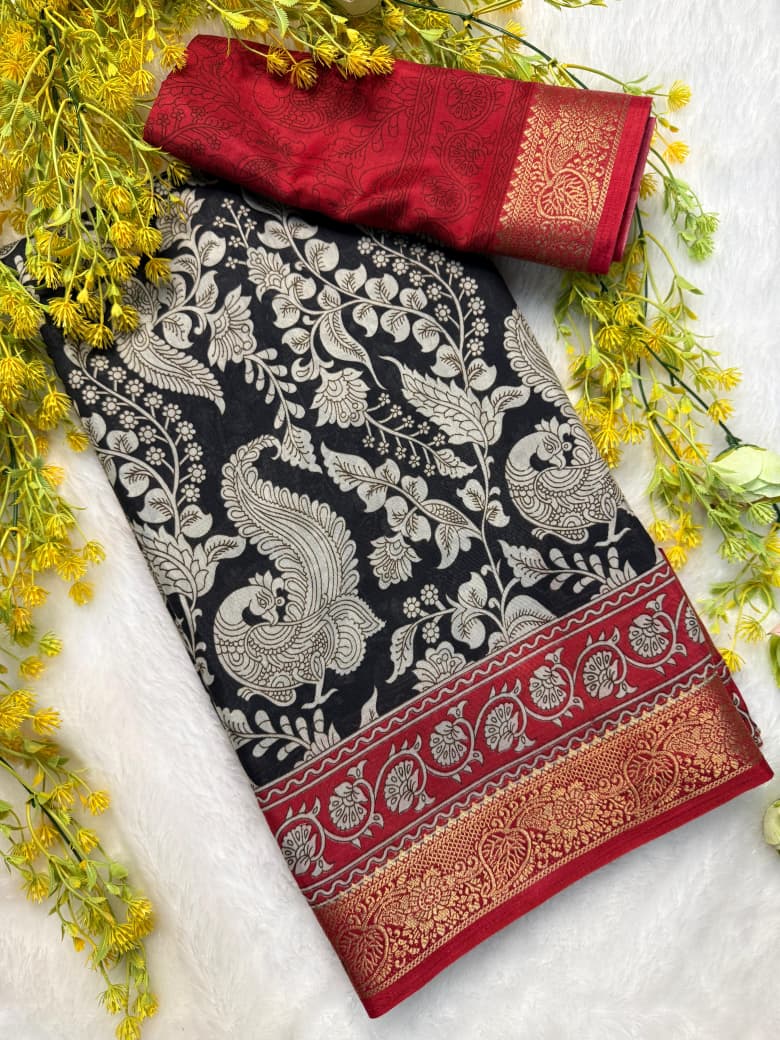 Kayatri New Soft Mulmul Cotton Saree with Pen Kalamkari Design & Zari Hamsa Border