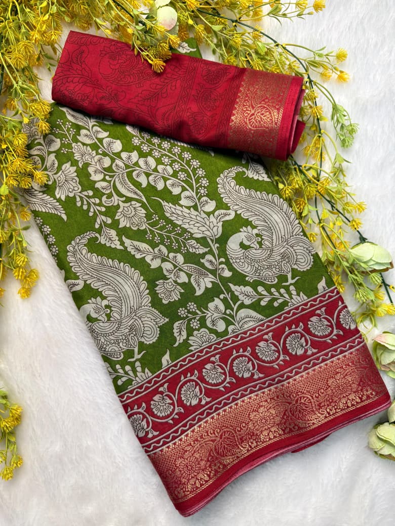 Kayatri New Soft Mulmul Cotton Saree with Pen Kalamkari Design & Zari Hamsa Border