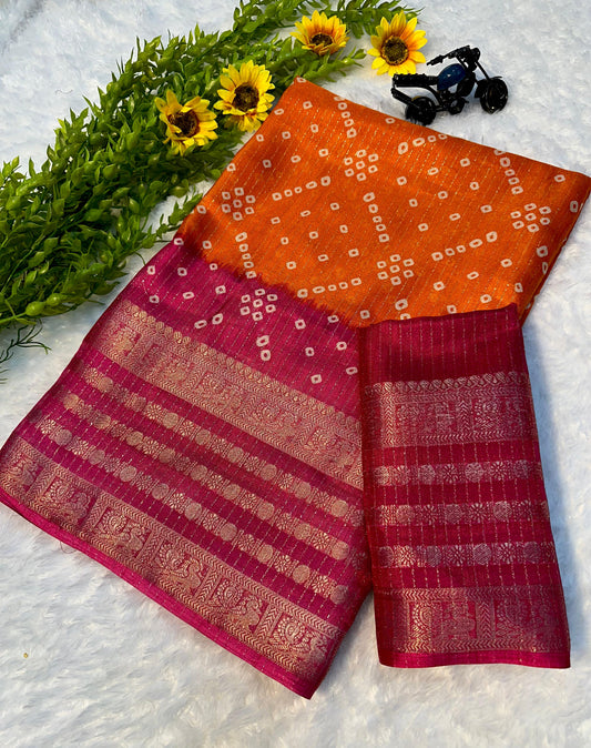 Kayatri New Soft Dola Silk Saree with Bandhani Pallu & Matching Bandhani Blouse