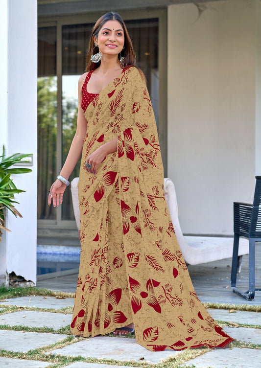 Kayatri New Pure Mulmul Cotton Floral Hand Block Printed Saree with Running Blouse