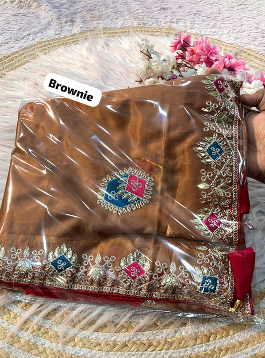 Kayatri New Elegant Crystal Fabric Saree with Rich Multi Coding Work & Fancy Latkan