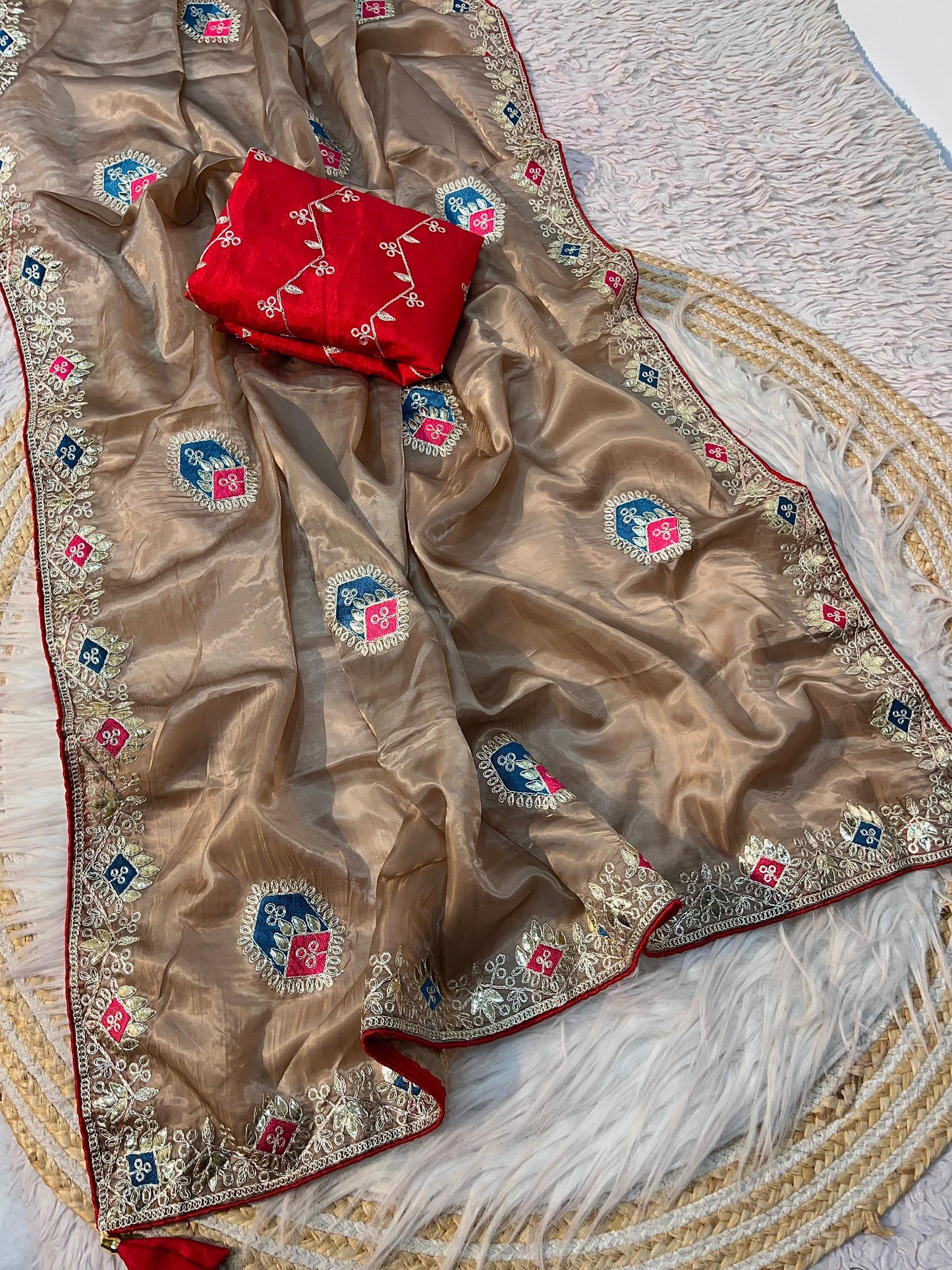 Kayatri New Elegant Crystal Fabric Saree with Rich Multi Coding Work & Fancy Latkan