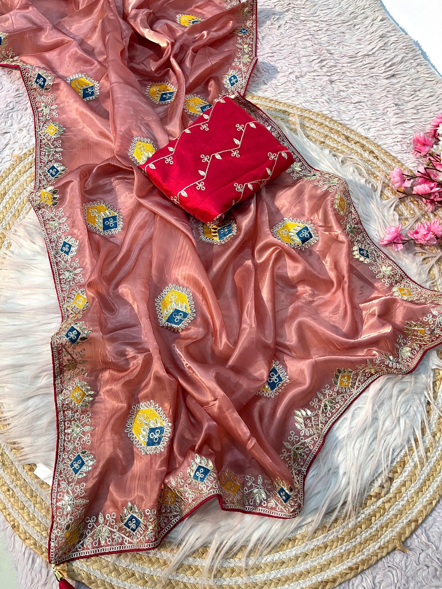 Kayatri New Elegant Crystal Fabric Saree with Rich Multi Coding Work & Fancy Latkan