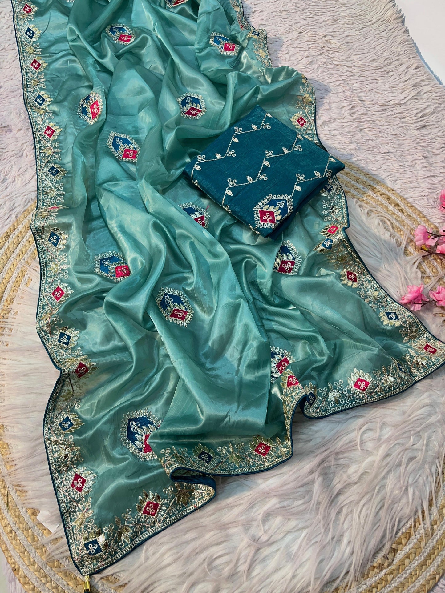 Kayatri New Elegant Crystal Fabric Saree with Rich Multi Coding Work & Fancy Latkan
