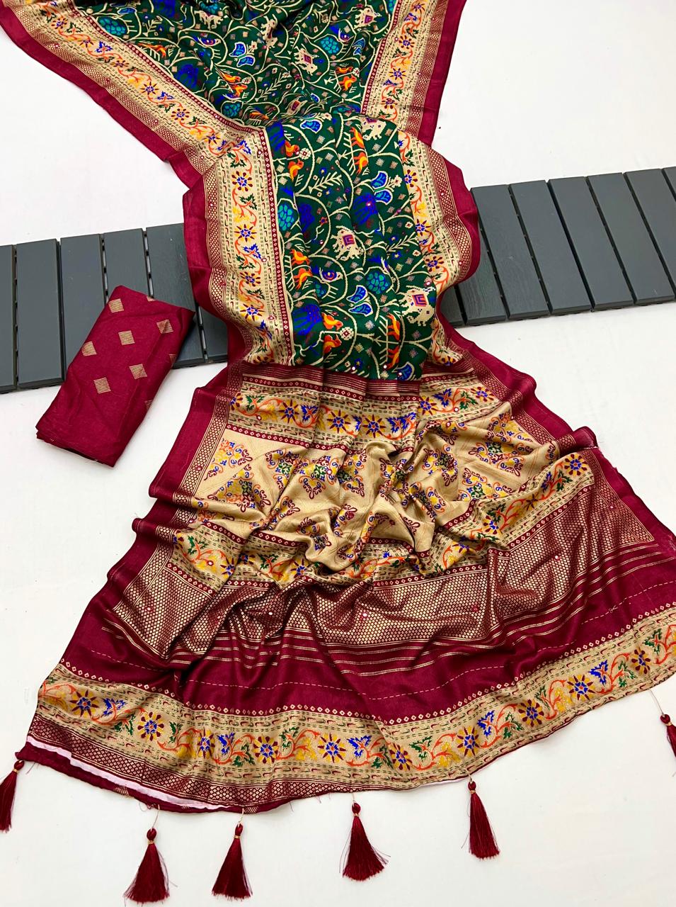 Kayatri New Beautiful Pashmina Silk Printed Saree with Patola Border & Mirror Highlights