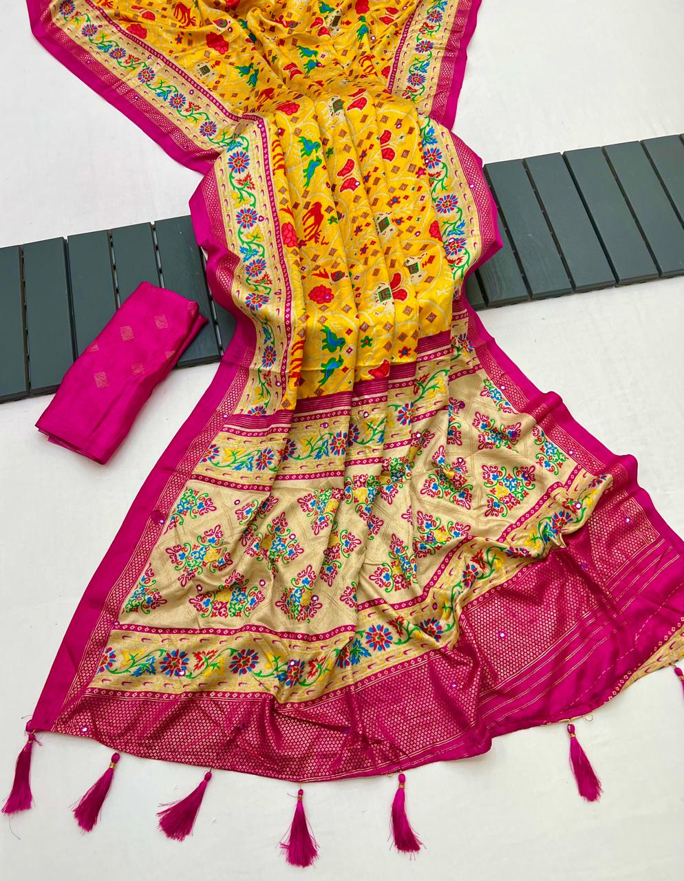 Kayatri New Beautiful Pashmina Silk Printed Saree with Patola Border & Mirror Highlights