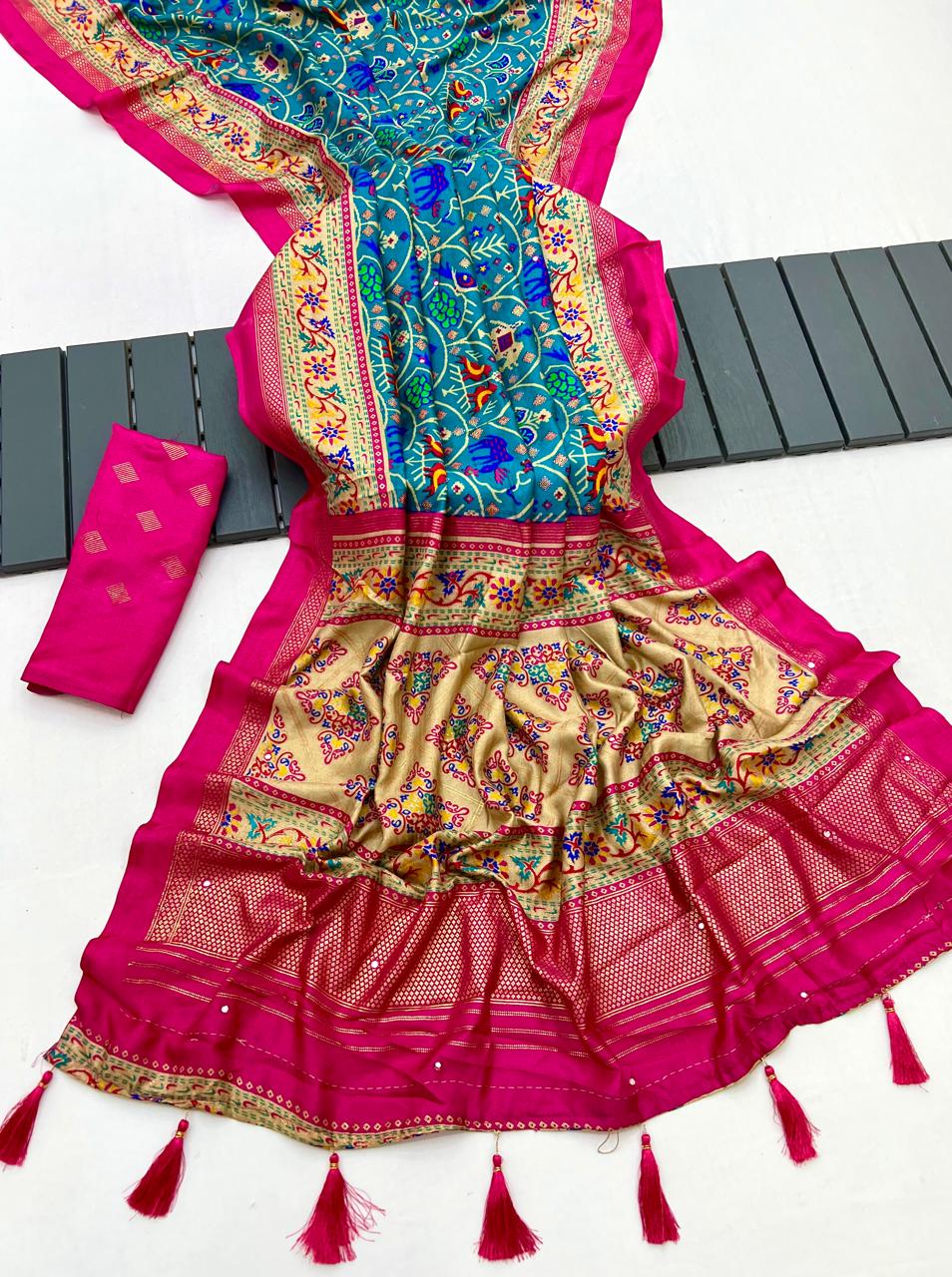 Kayatri New Beautiful Pashmina Silk Printed Saree with Patola Border & Mirror Highlights