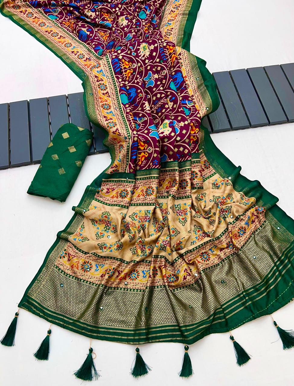 Kayatri New Beautiful Pashmina Silk Printed Saree with Patola Border & Mirror Highlights