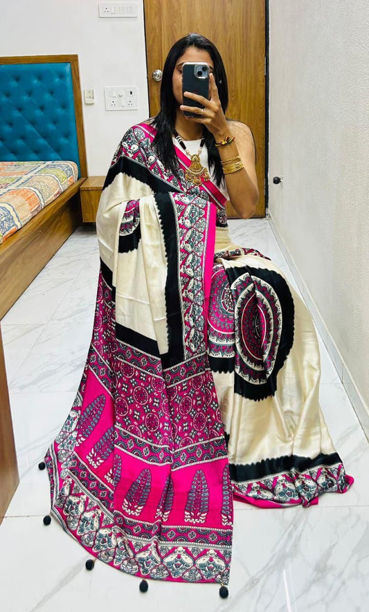 Kayatri New Premium Gajji Silk Saree with Elegant Ajrakh Print & Rich Pallu