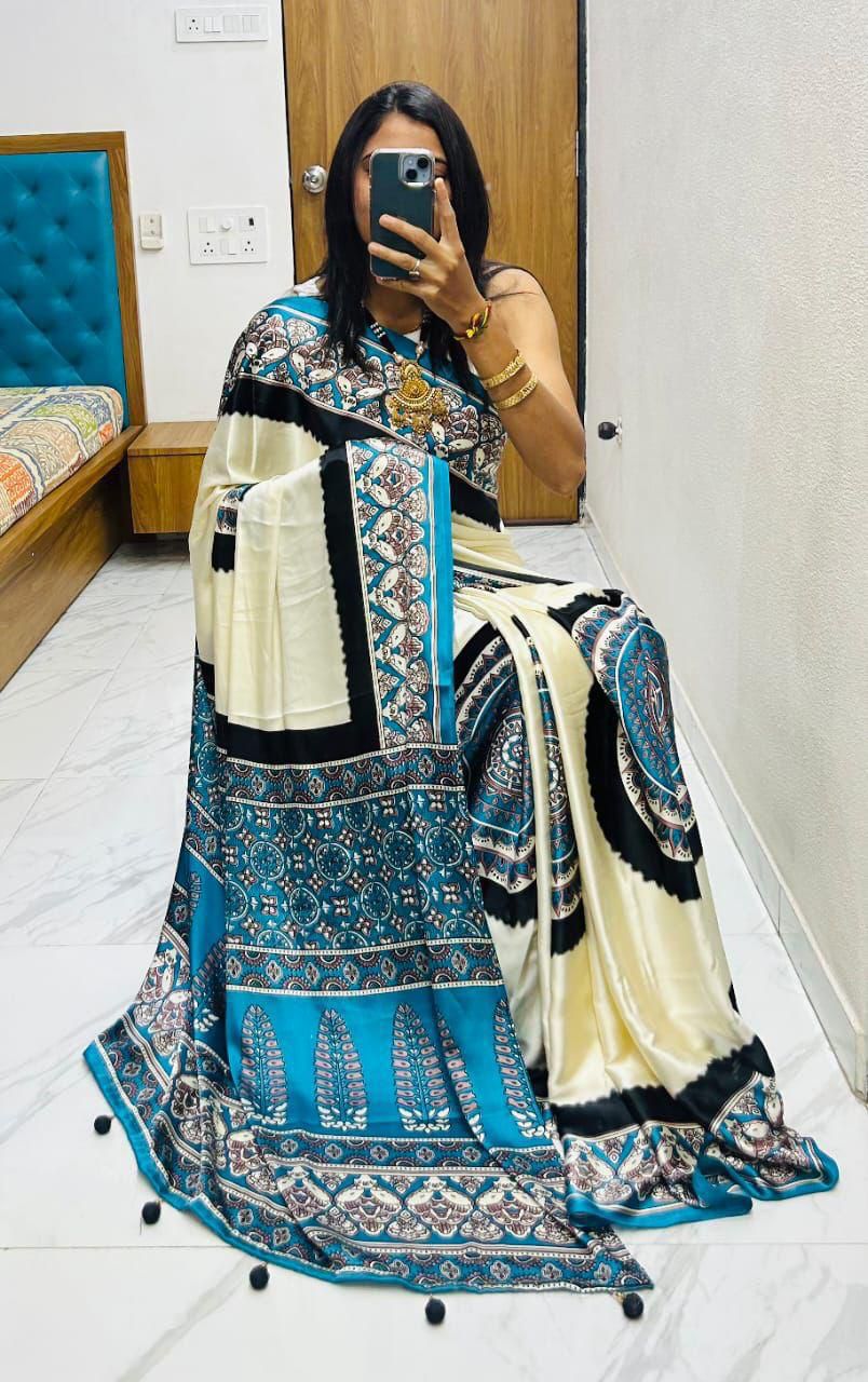 Kayatri New Premium Gajji Silk Saree with Elegant Ajrakh Print & Rich Pallu