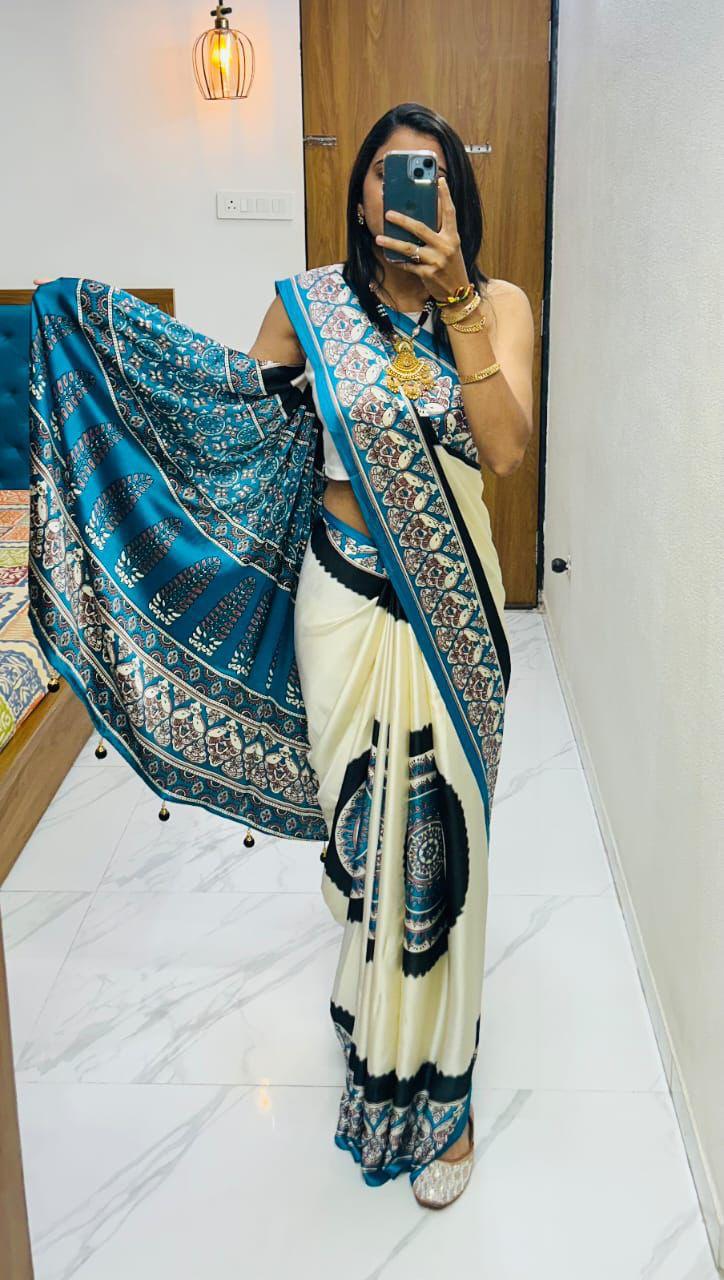 Kayatri New Premium Gajji Silk Saree with Elegant Ajrakh Print & Rich Pallu