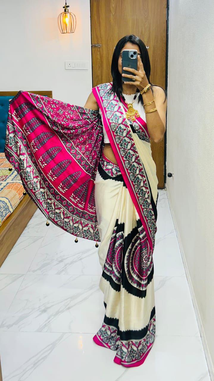 Kayatri New Premium Gajji Silk Saree with Elegant Ajrakh Print & Rich Pallu