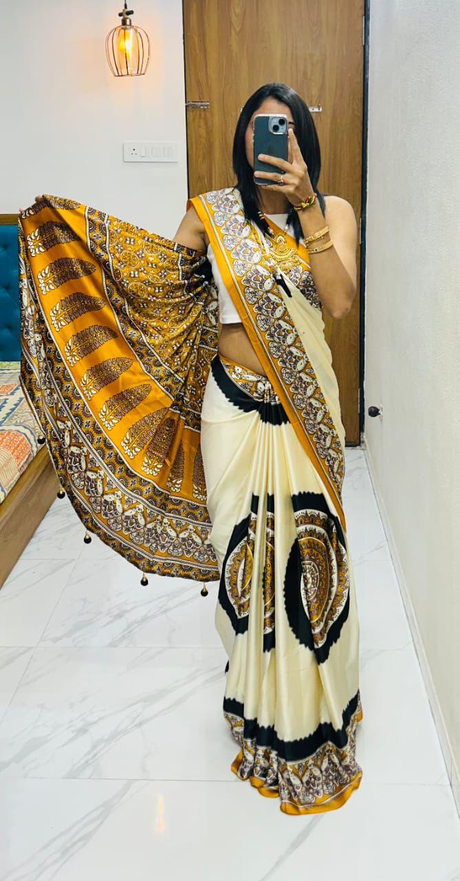Kayatri New Premium Gajji Silk Saree with Elegant Ajrakh Print & Rich Pallu