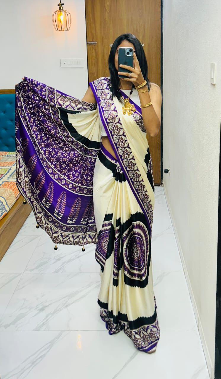 Kayatri New Premium Gajji Silk Saree with Elegant Ajrakh Print & Rich Pallu