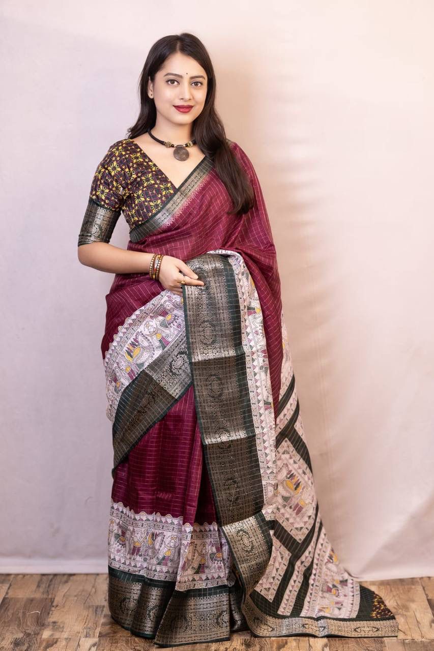 Kayatri New Graceful Kalamkari Pallu Saree with Weaving Checks & Zari Borders