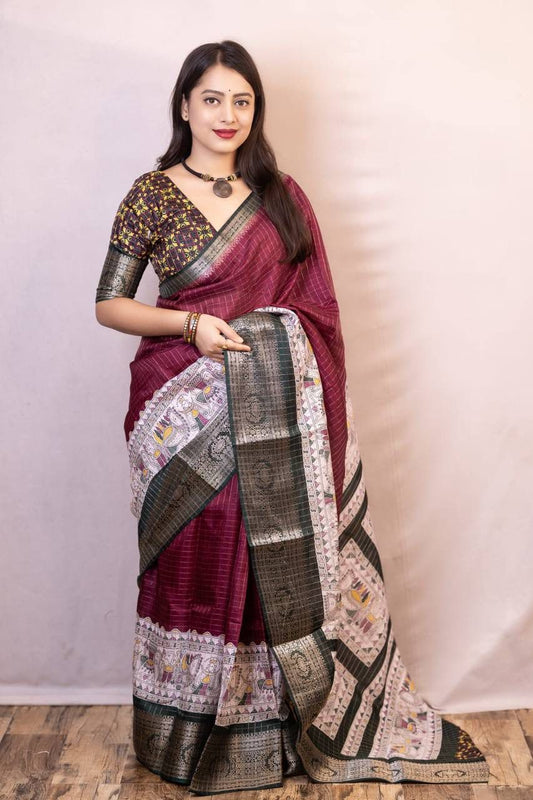 Kayatri New Graceful Kalamkari Pallu Saree with Weaving Checks & Zari Borders